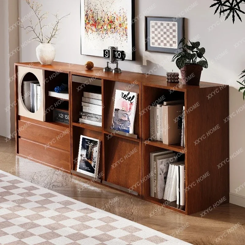 YYSolid wood display household floor-to-ceiling low bookcase storage storage combination multi-function TV