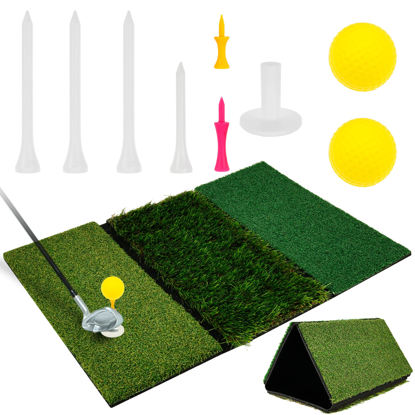

Коврик для ударов по гольфу Искусственный газон Тренировочный коврик для гольфа с 3 мячами, 6 тройниками и 1 основанием Портативный нескользящий тренировочный коврик для качелей Ma