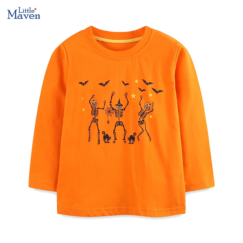 Little Maven 2026 Autumn Halloween Pumpkin Skeleton Long Sleeves T-shirt Cotton Tops Baby Boys Kids Clothes Children's Clothing