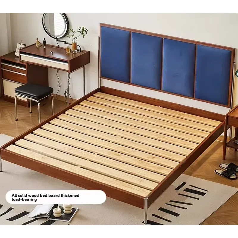 Vintage Solid Oak Double Bed Bauhaus Inspired Ultra Thin Upholstered Headboard French Medieval Style