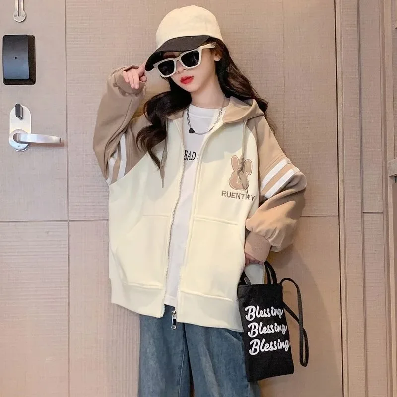 Girls' Hooded Cartoon Color-Blocked Stylish Coat for Spring/Autumn 2025 New Arrival