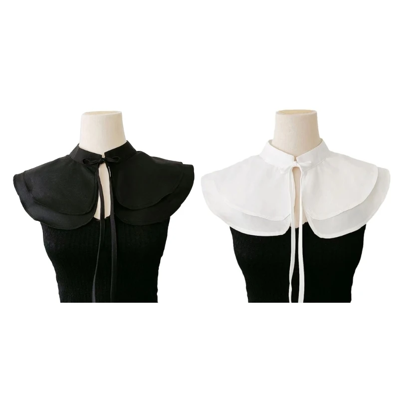 

Decorative Stand Up False Collar for Women French Double Layer Elegant Shawl Scarf Ribbon Bowknot Capelet Boleros