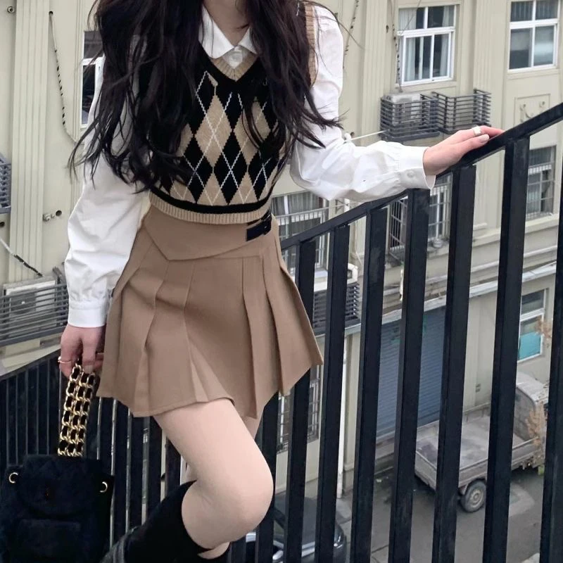 Preppy Style JK Uniform Set For Women 3-piece Cotton Diamond Plaid Knit Vest V-neck Shirt Long Sleeved High Waisted Skirt Khaki