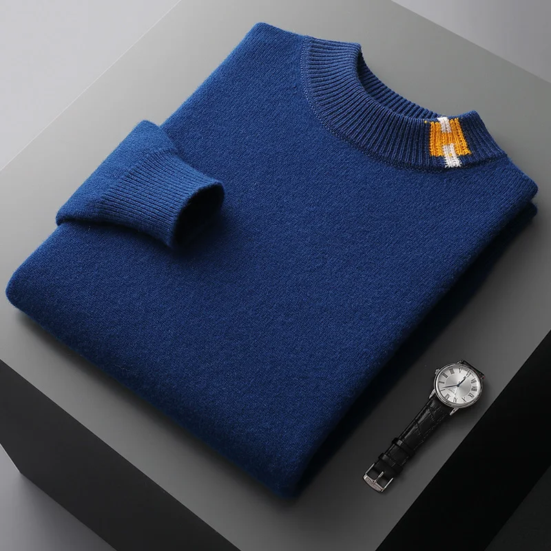 Autunno 100% lana merino maglione lavorato a maglia colletto semi-alto da uomo pullover jacquard abbinati ai colori camicia base allentata addensata moda