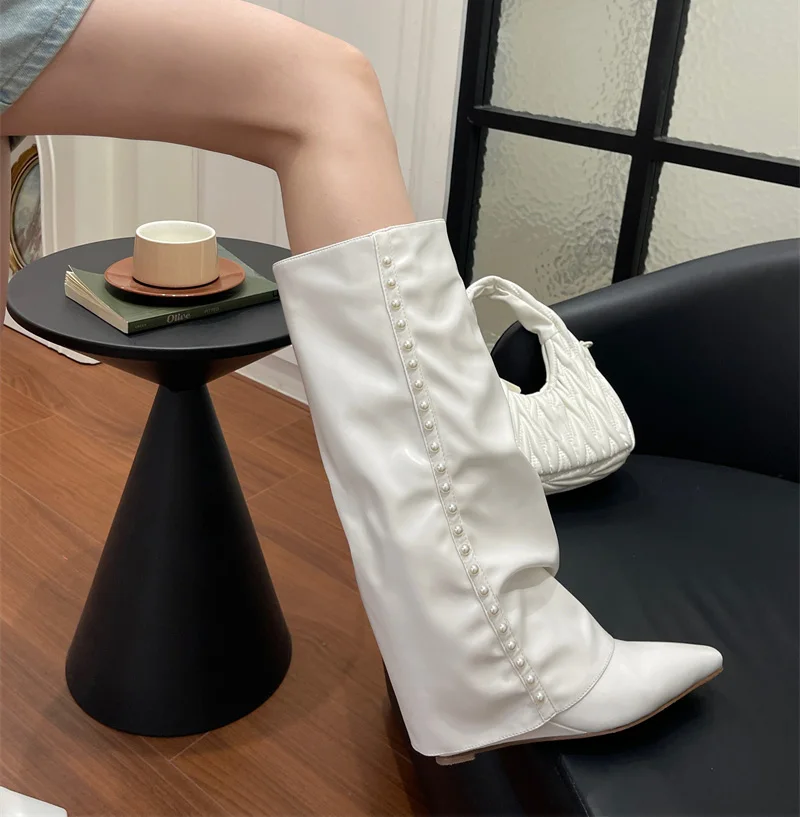 botas feminina Mid-Calf Wedge Heel Boots Knee High String Bead Ridding Knight Boots for Women Hidden Heel Shoes ботинки женские