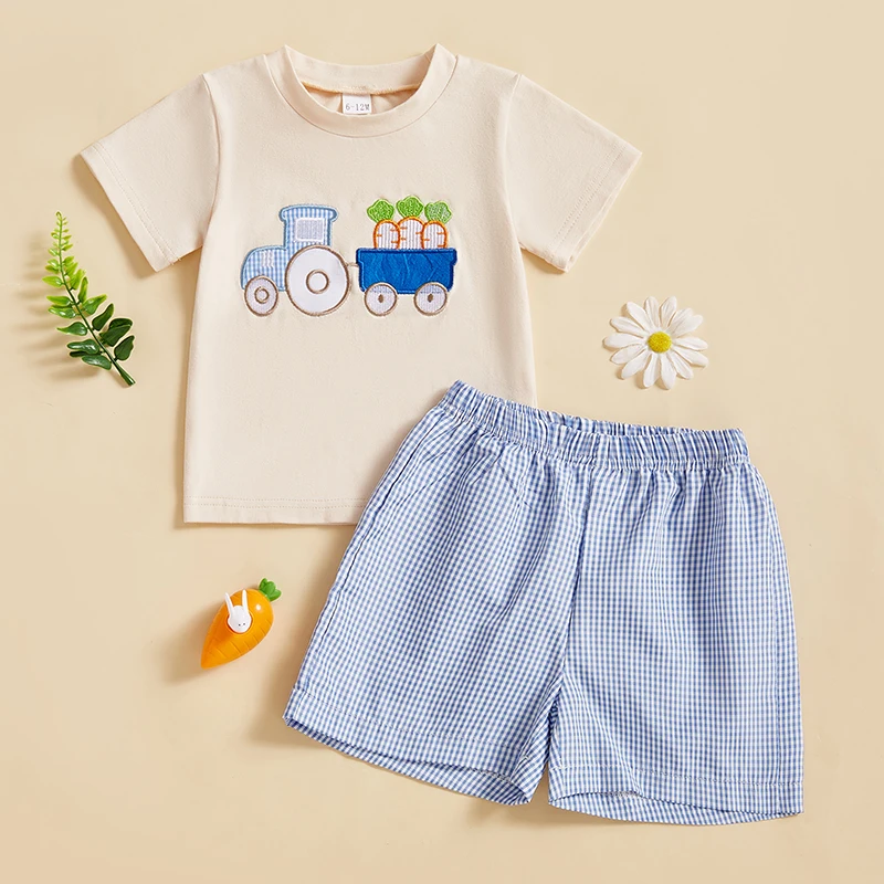 Toddler Baby Boy Girl Shorts Set Short Sleeve Round Neck Tractor Carrot Embroidery Tops Elastic Waistband Plaid Shorts Set