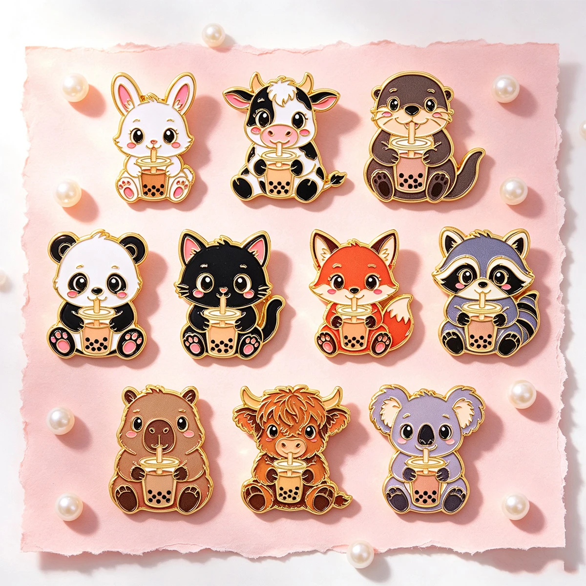 10er-Set Niedliche Boba-Milchtee-Tier-Emaille-Pins: Schwarze Katze, Capybara, Panda, Koala Broschen für Rucksack, Revers, Abzeichen, Schmuck-Accessoires – Detail 5