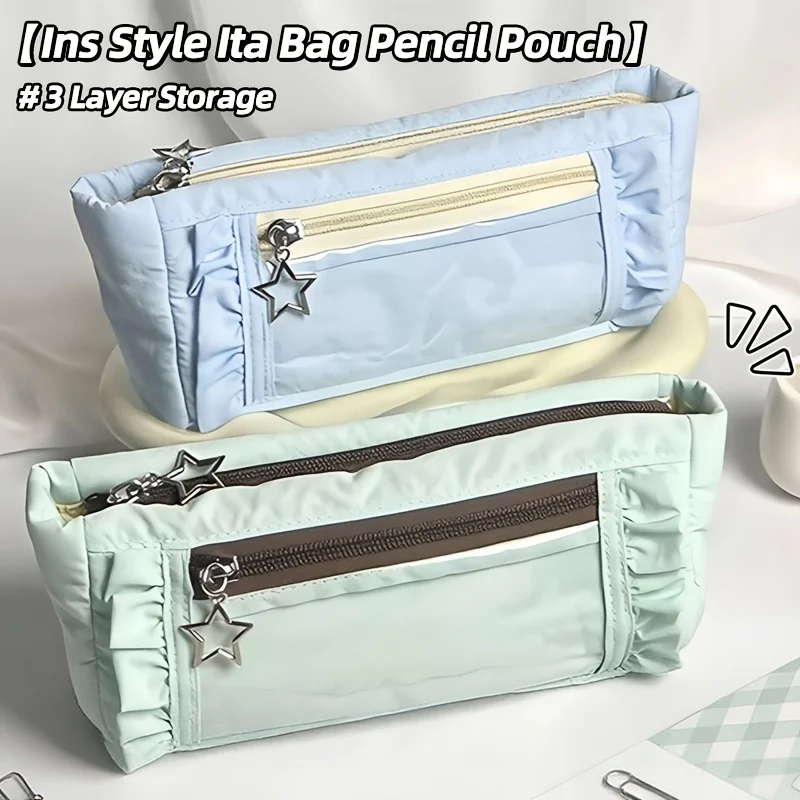 Nouvelle trousse à crayons grande capacité en dentelle, style INS, de grande valeur, pour étudiants, sac de rangement pour fournitures scolaires, boîte à stylos, présentoir pour badges