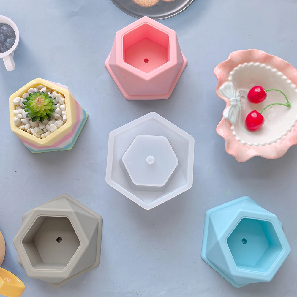 Silicone large hexagonal flowerpot clay mold DIY succulent plant mold candle holder mold, suitable for home garden decoration