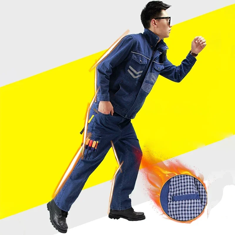 Reflective Welding Denim Protective Fire Retardant Clothing Anti-Sparkling Uniform Repair Worker Durable Workshop Work Coverall