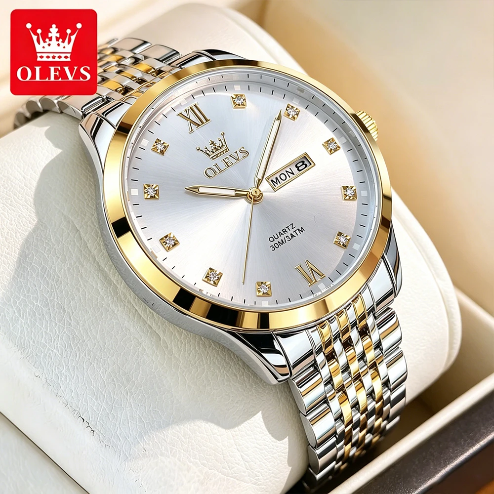 

OLEVS Men's Watches Business Fashion Stainless Steel Strap Original Quartz Wristwatch for Man Waterproof Luminous Date Week 2943