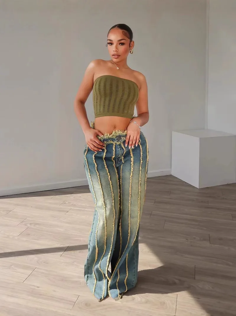 Calças de brim femininas outono inverno moda solta emenda borla estiramento denim calças rua wear casual em linha reta carga jeans