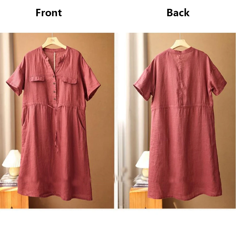 High-end Linen Women's Short-sleeved Dress Wine Red Drawstring Mid-length Dress Youth Literary Style Loose Comfortable Clothing