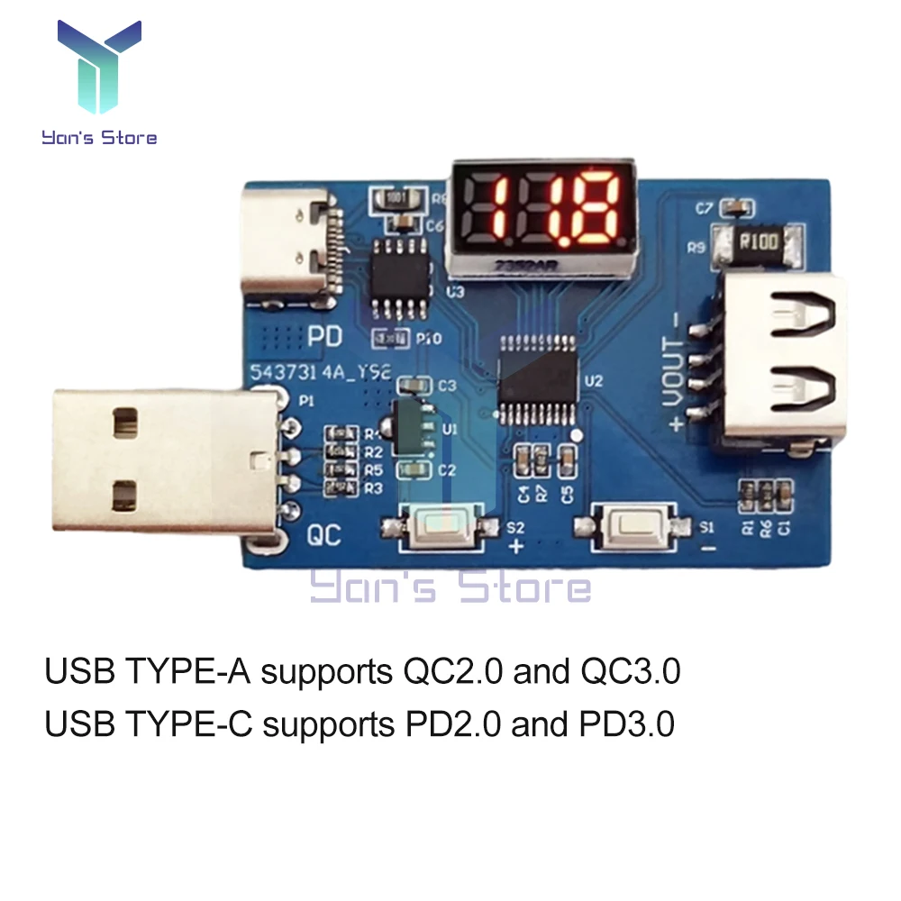 1Pcs USB/Type-C PD QC Trigger 3.6V~20V DC Adjustable Voltage Power Module Dial Adjustment Voltage Fast Charging Decoy Module