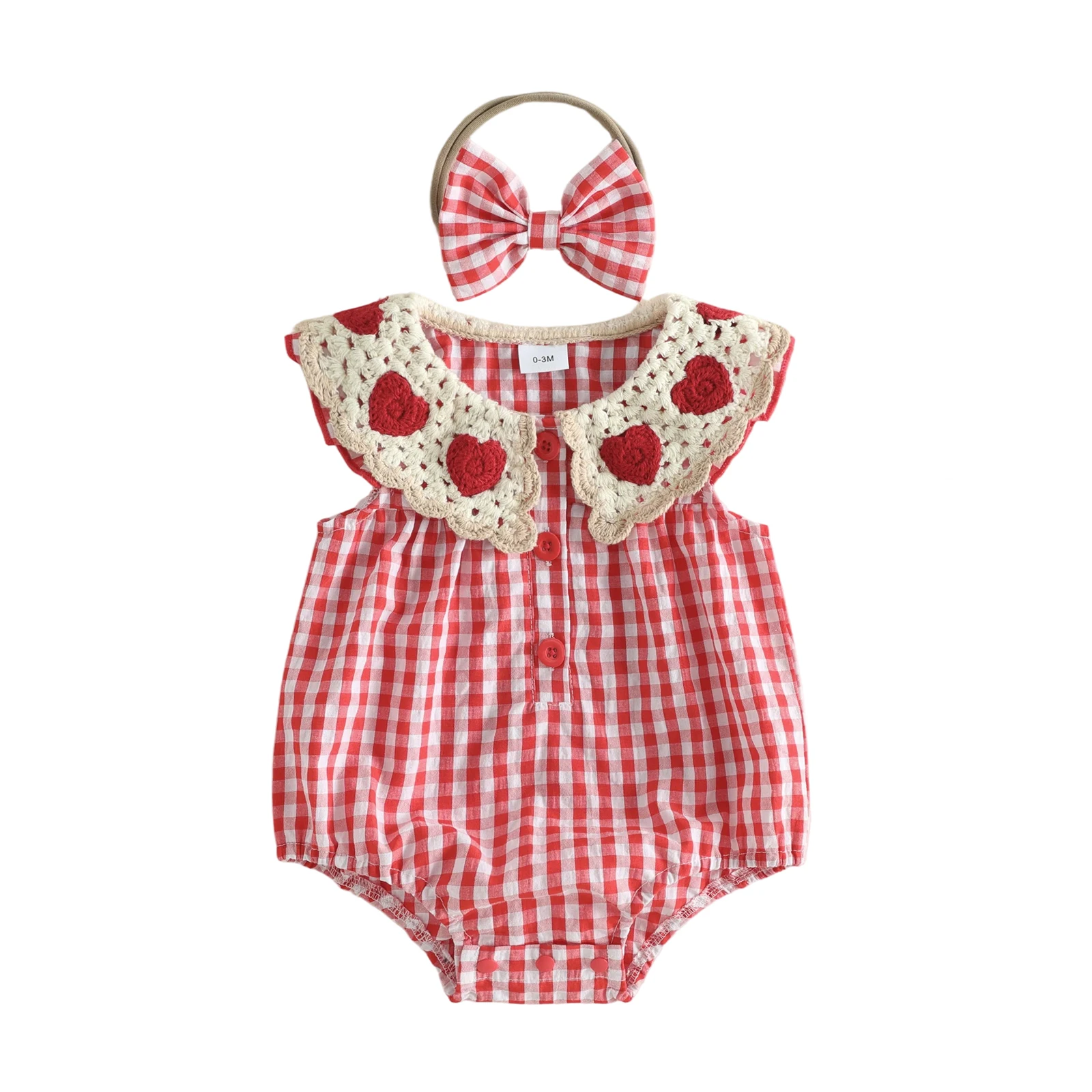 Newborn Girl Outfit Plaid Heart Fly Sleeve Romper with Bowknot Hairband