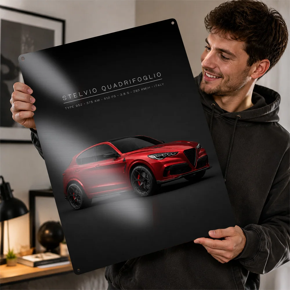 Italy Stelvio Quadrifoglio Red SUV Textured Poster Customized Metal Tin Sign Road Performance Legacy Wall Art Perfect For Home