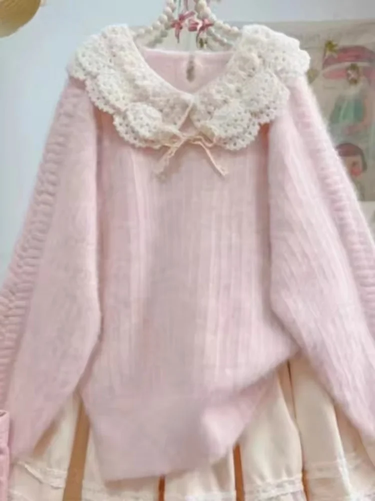 

Simple Loose Bow Office Lady Pullover Sweater Women Fashion New Fluffy Lazy Casual Jumper Doll Collar Knit Top