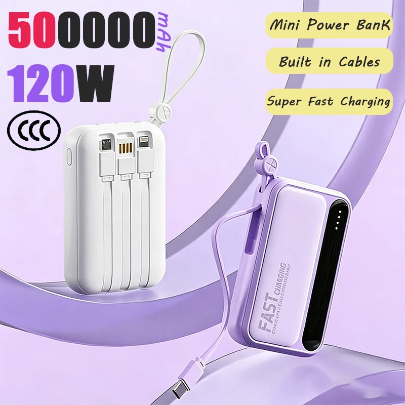 

500000 мАч, 120 Вт, внешний аккумулятор большой емкости, кабели 4 в 1, интеллектуальный цифровой дисплей, портативный внешний аккумулятор для iPhone, Huawei, новинка