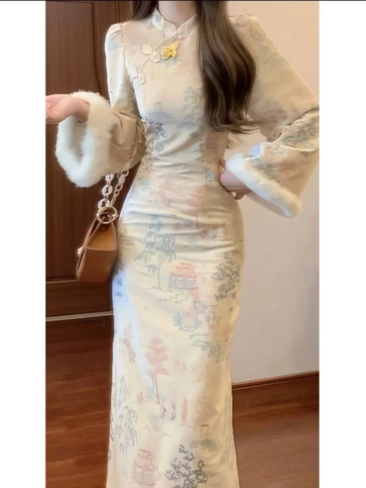 

New Chinese Style Velvet Dress Bodycon Skirt Tight Fit Spring Autumn Season Long Sleeve Print Design Belted Waist Commute Ready