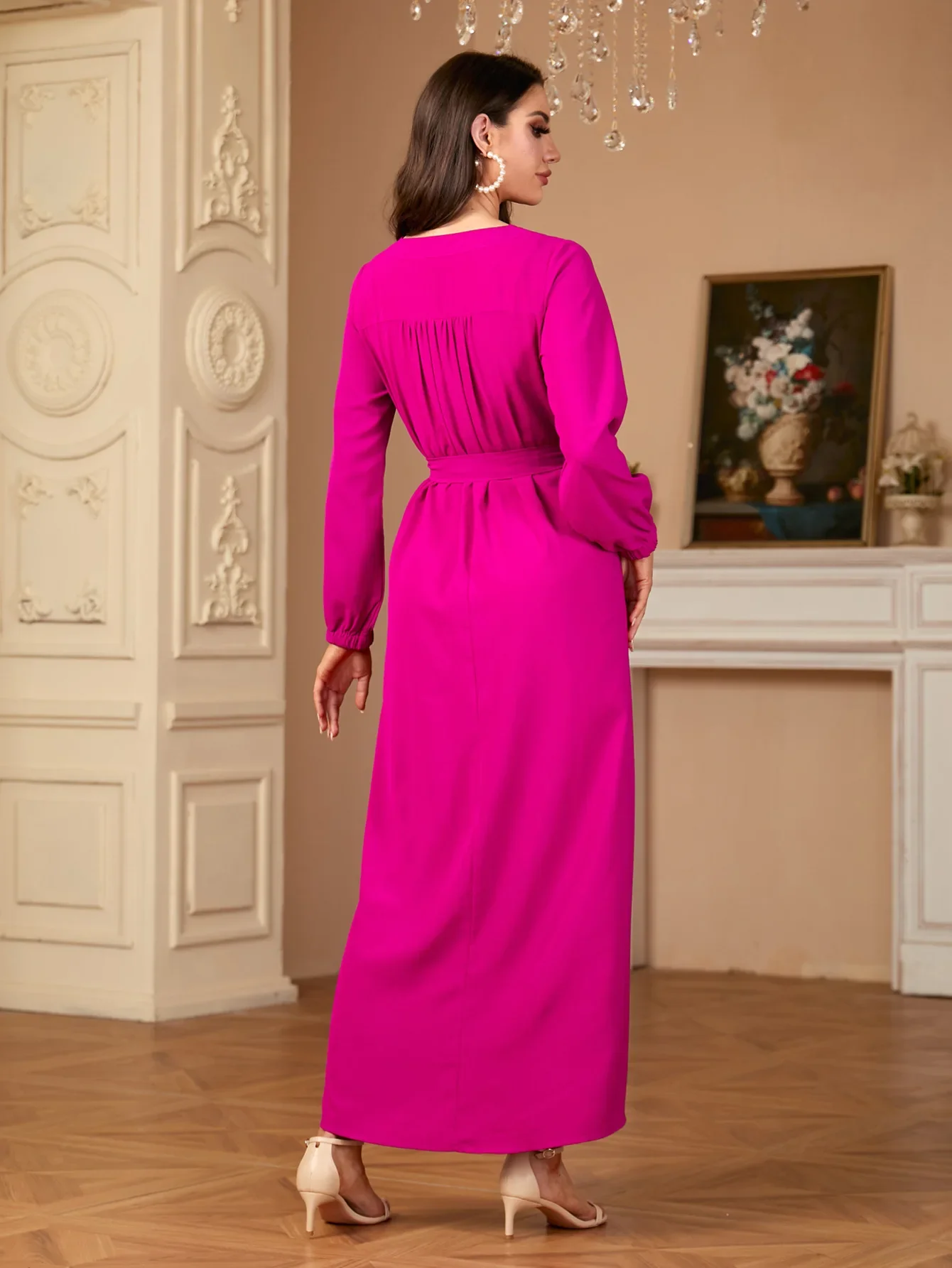 Vintage Sukienka Letnia Jednolity Kolor Szlafrok Damski Turcja Vestido Kaftan Kobiety Sznurowana Moda Dekolt O Długi Rękaw Muzułmańska Abaja Sukienka 2024