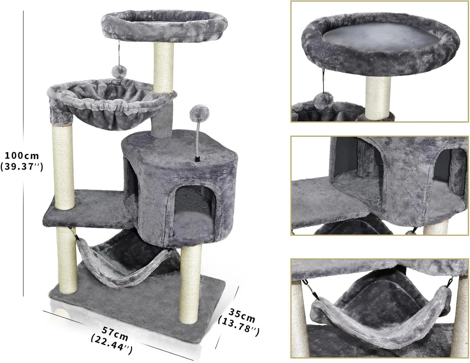YUNIQUE Cat Tree with Cat Condo and Big Hammock, Grey