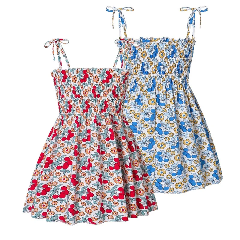 الصيف الاطفال الفتيات الحمالات فستان زهري بلا أكمام حزام فضفاض كشكش ملابس قطنية الفتيات الشاطئ حفلة السفر فستان كاجوال 2-9Y