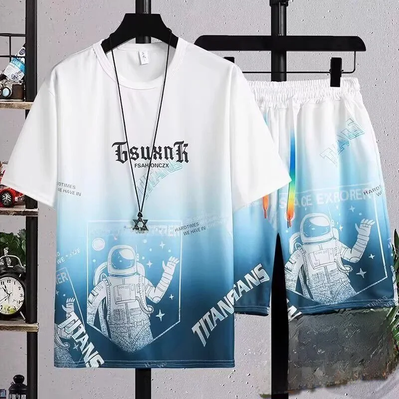 

Men's Summer Ice Silk Sportswear Casual Short Sleeve Two-Piece Set Trendy Brand T-Shirt Shorts Gradient Color Leisure Sports ...