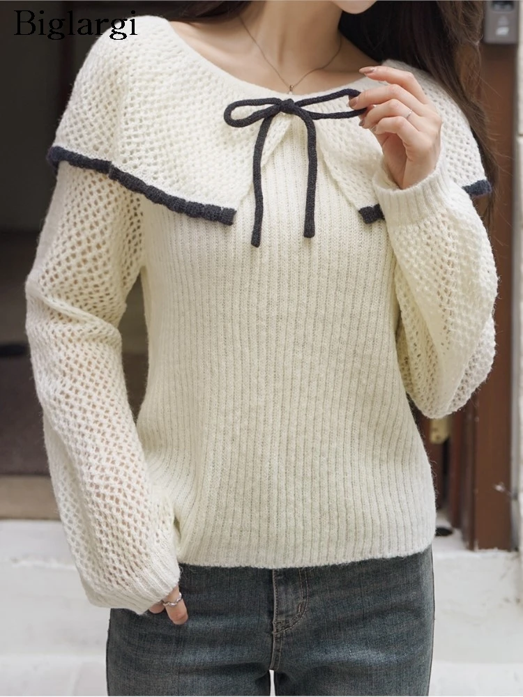 

Вязаный осенний пуловер, женский свитер с бантом в стиле пэчворк, милые модные женские свитера в корейском стиле, свободный повседневный женский свитер