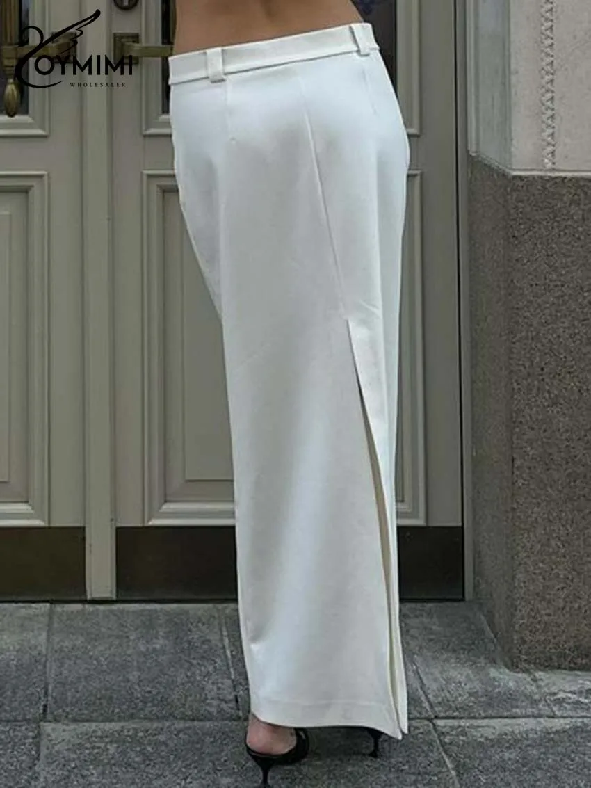 Oymimi Casual White Slim Women's Skirt Elegant Mid Waisted Straight Solid Skirts Fashion Slit Ankle-Length Skirts Female Sets