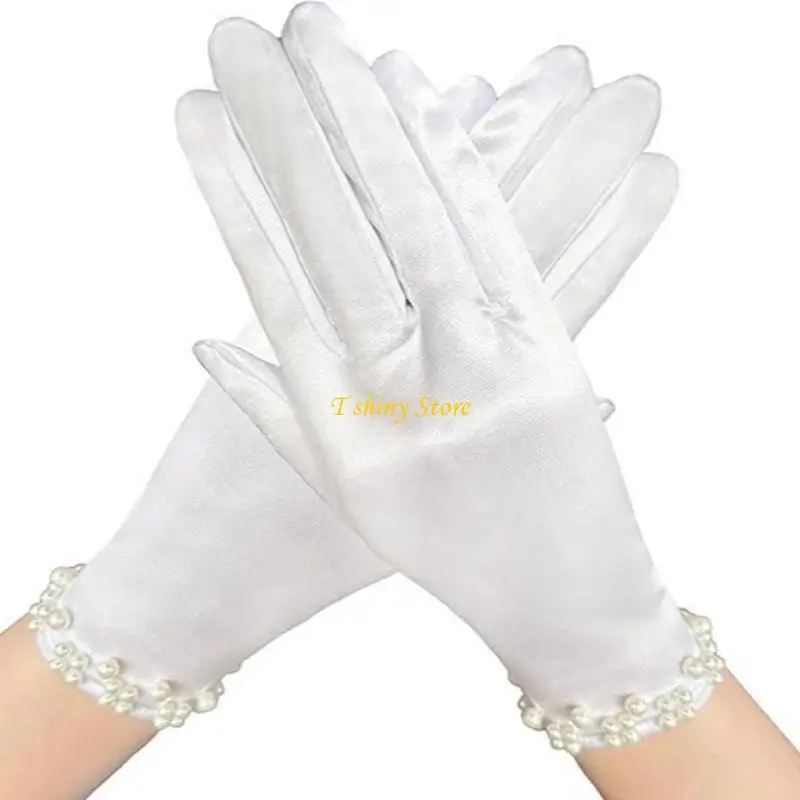 N58F Elegant Satined Gloves With Pearls Trim Design For Bride Short Design Handwear Gloves for Wedding Party Photo Accessory