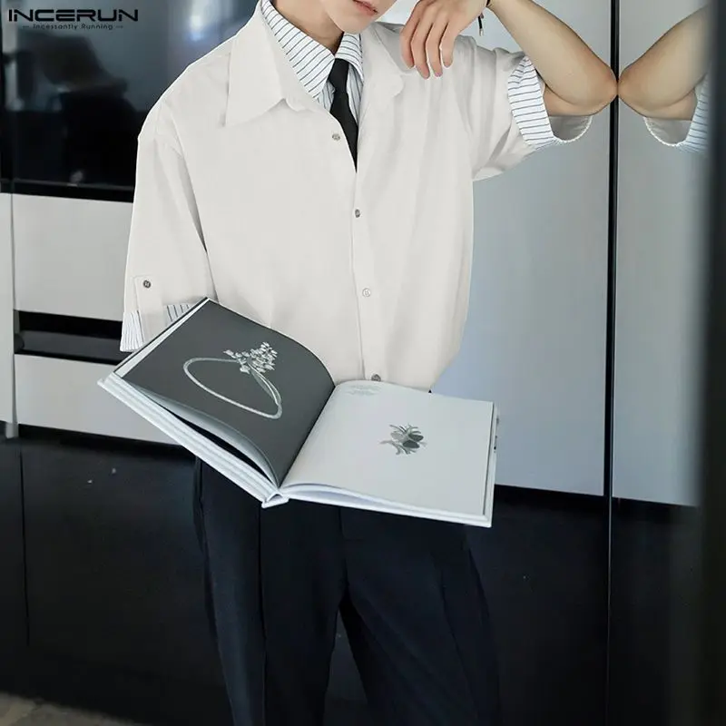 

INCERUN Мужская рубашка в полоску в стиле пэчворк с лацканами с коротким рукавом Мужская одежда в корейском стиле Уличная одежда Свободные рубашки Летние мужские топы S-5XL