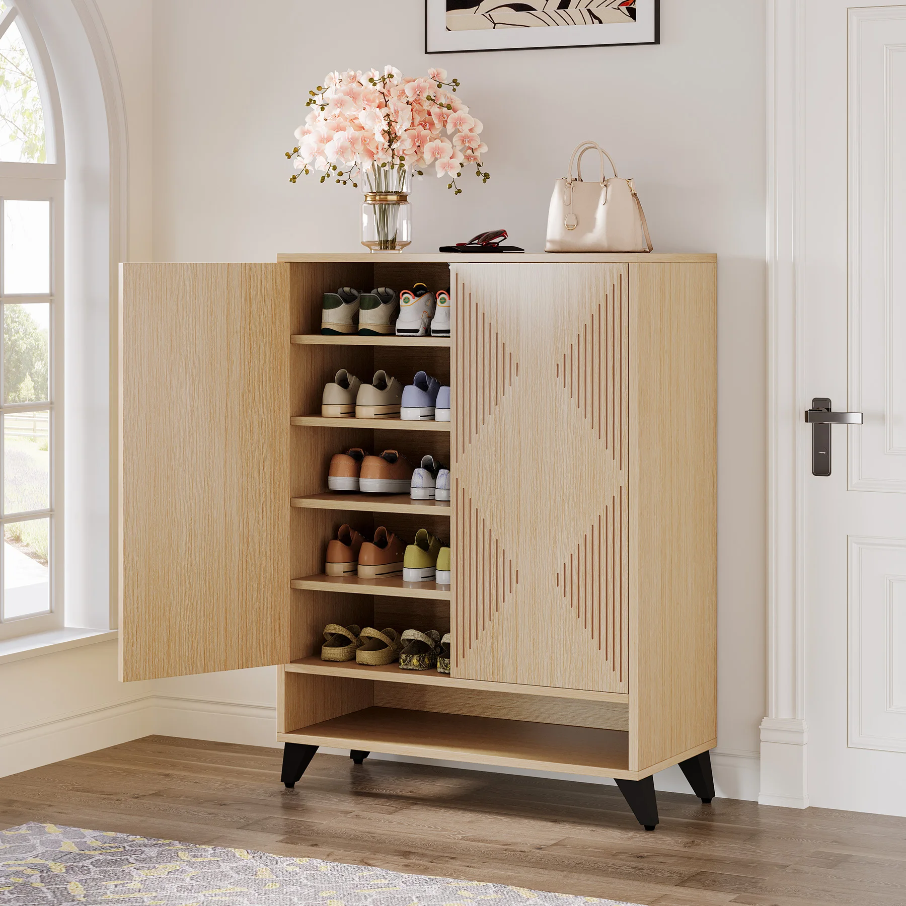 Tribesigns Shoe Cabinet with Doors, 6-Tier Entryway Shoe Storage Cabinet with Adjustable Shelves, Modern Wooden Shoe Organizer C