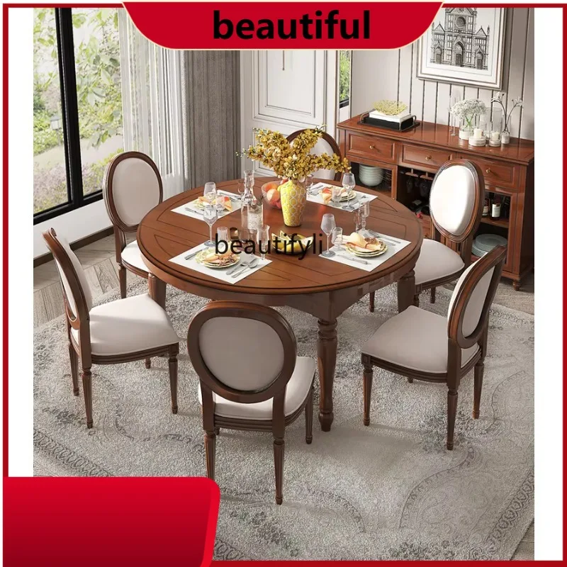 

American solid wood retractable round dining table and chair combination simple restaurant dining table small apartment H