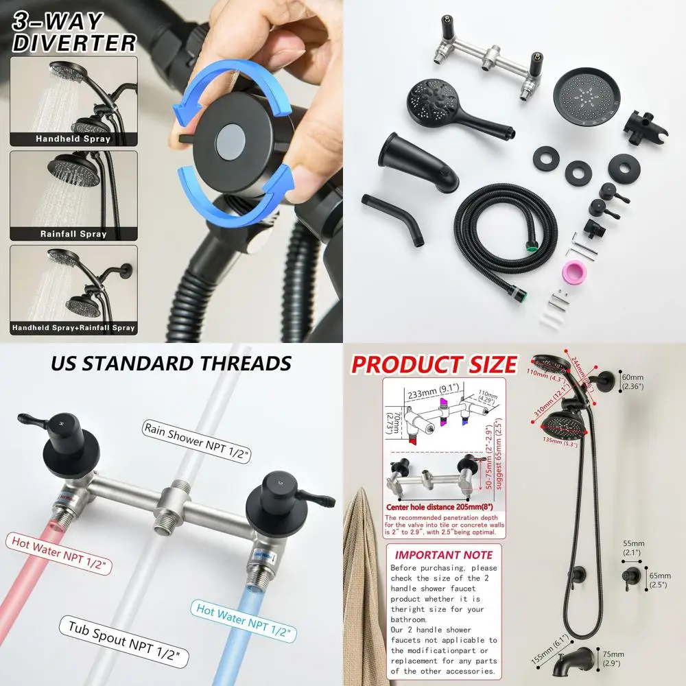 Matte Black Two-Handle Shower Faucet Set with Tub Spout and Shower Trim Kit