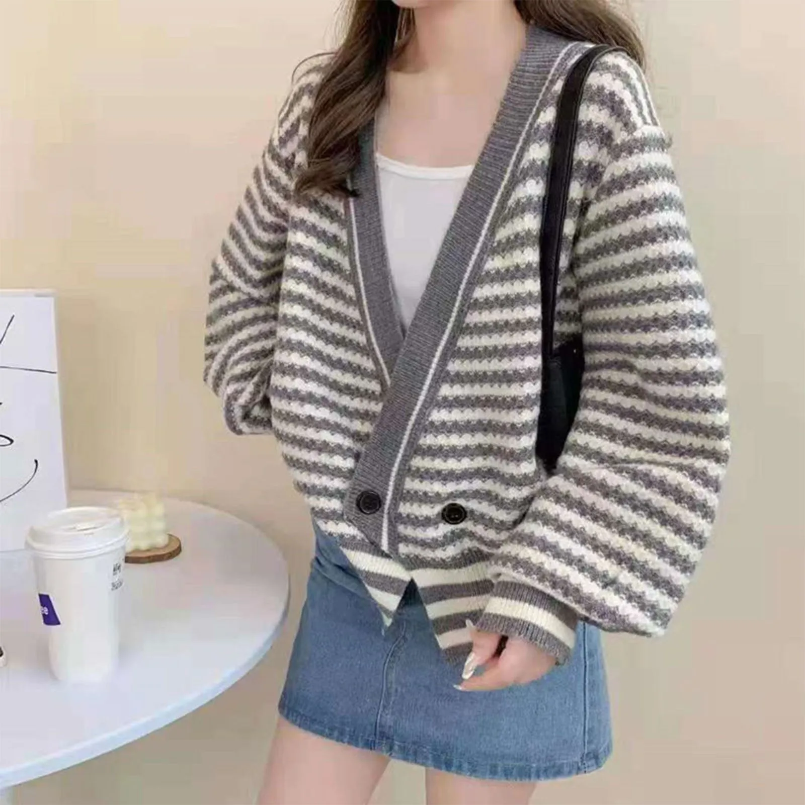 Women Knitted Striped Single-Button Cardigan V-Neck Slim-Fit Dropped Shoulder Sleeves Short Design Mid Length Coarse Sweater