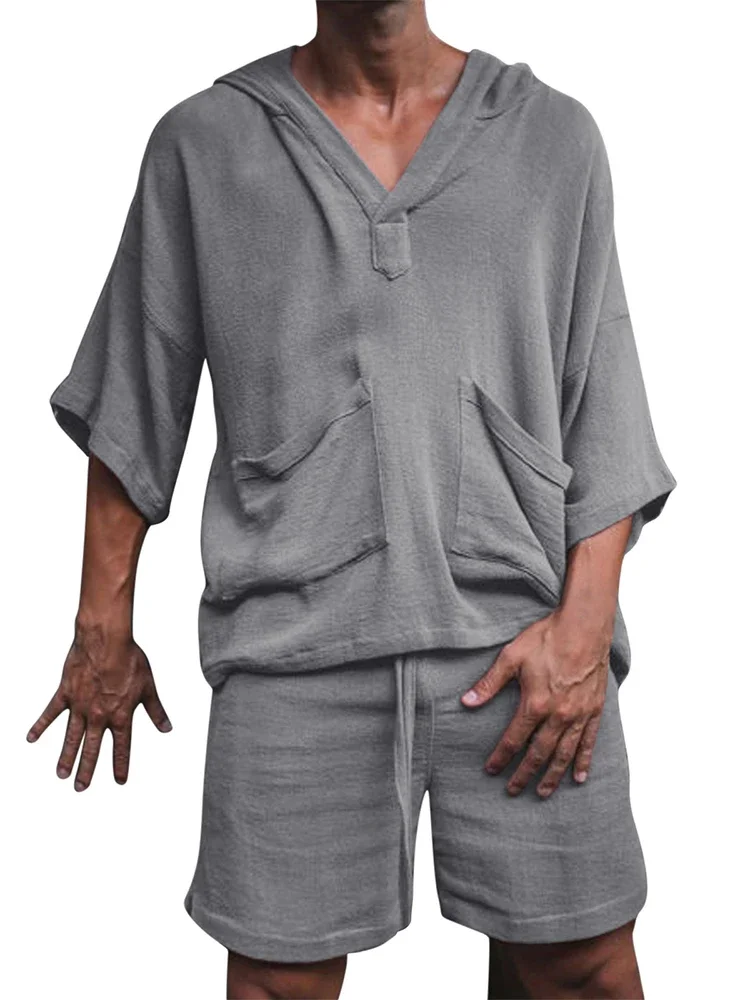 2026 Sommer Herren Einfarbiges Baumwoll-Leinen Zweiteiler-Set V-Ausschnitt Halbarm T-Shirt Lockere Shorts Atmungsaktiv Urlaub Alltag Lässig Passend – Detail 13