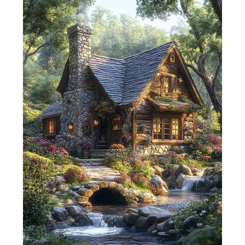 

PhotoCustom Full Round Diamond Painting House Landscape For Adult Home Decor Rhinestone Pictures Gift