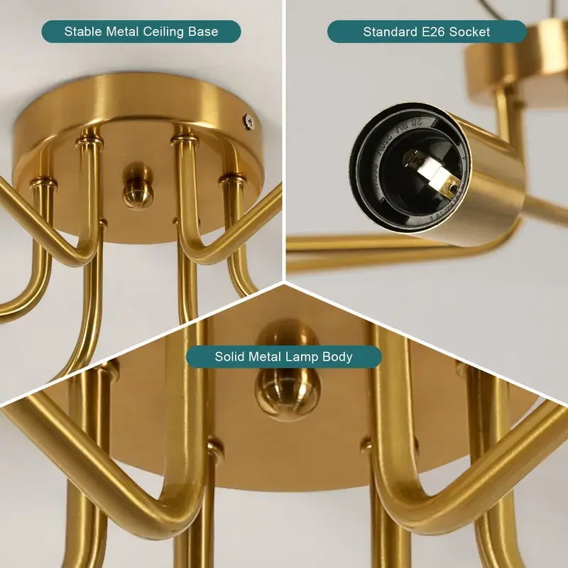 تركيبات إضاءة السقف الصناعية لمنتصف القرن، ثريا سبوتنيك ذهبية مكونة من 6 أضواء لغرفة الطعام والمطبخ Liv