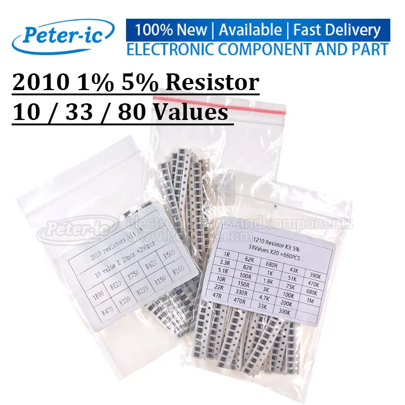 10/33/80Values Set of Resistors 1210 2010 2512 SMD Resistor Assorted Kit 1R-1M Sample 5%(50-800pcs)