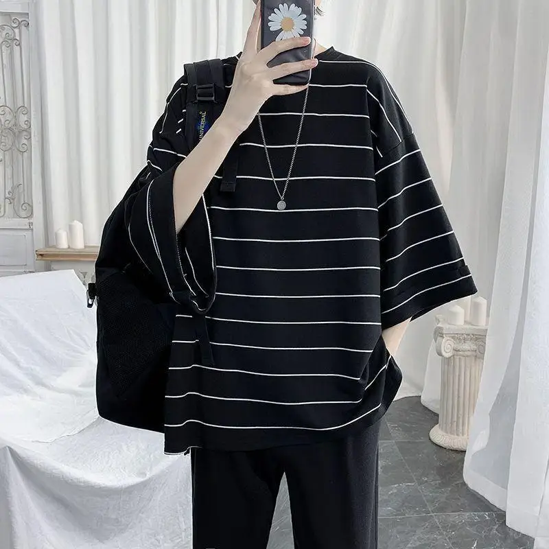 

Fashion Printed O-Neck Loose Korean Striped T-Shirt Men's Clothing 2023 Summer New Casual Pullovers Oversized Tee Shirt
