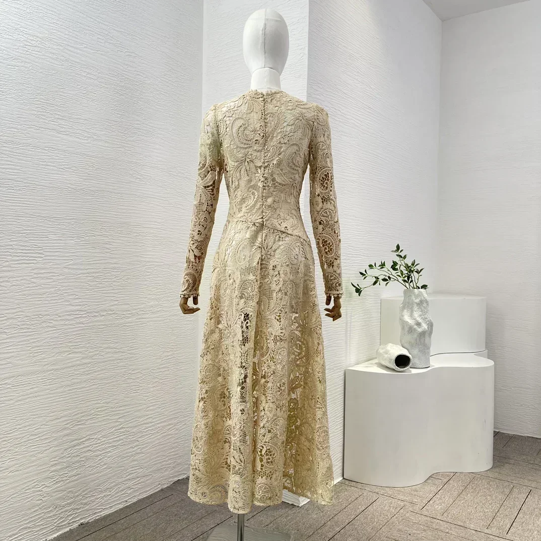 Spring Summer New Collection Beige Long Sleeve Hollow Out Lace Patchwork Tighten the Waist Women Vintage Midi Dress