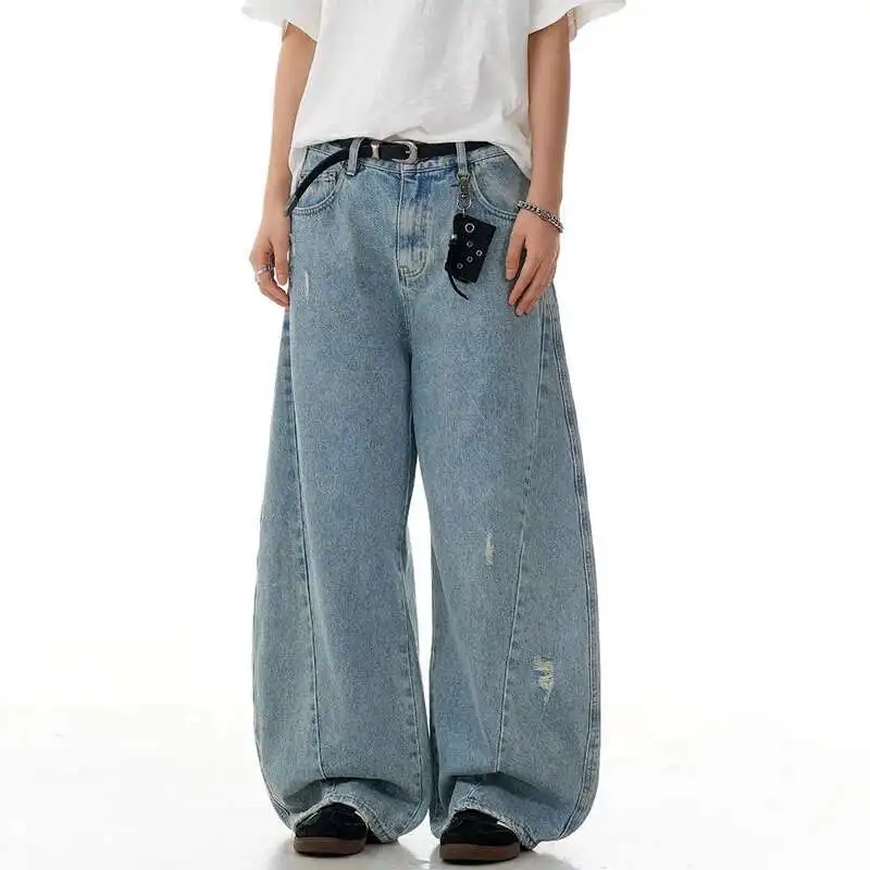 

Knife Wide Curved Leg Men's Jeans New Trendy American Deconstructive Design Loose Washed Vintage Male Denim Pants UW5E