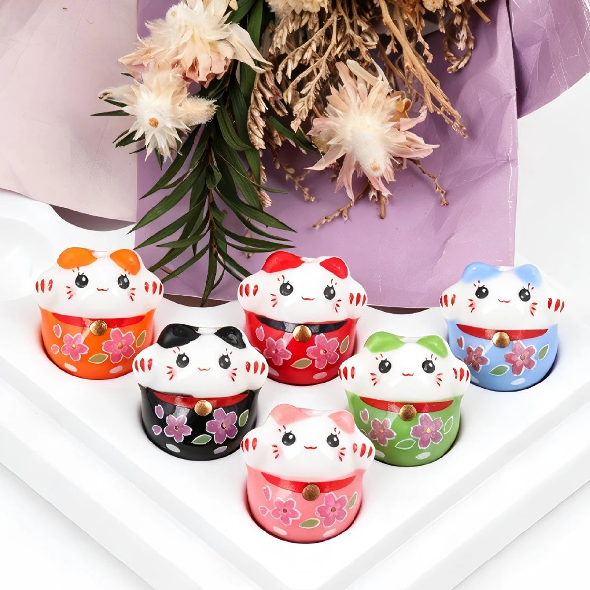 5/10pcs Random Color 18mm Sakura Pattern Lucky Cat Ceramic Loose Beads DIY Bracelet Handmade Jewelry Making Supplies
