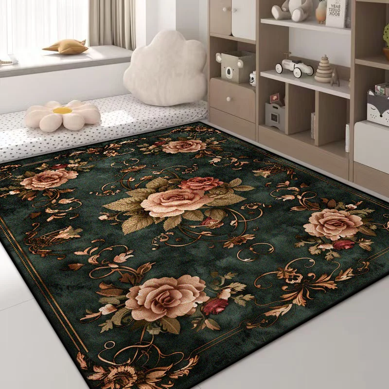 

Luxury Green Flower Area Rug – Non-Slip Large Living Room Carpet, Golden Border Washable Soft Mat for Bedroom Home Decor