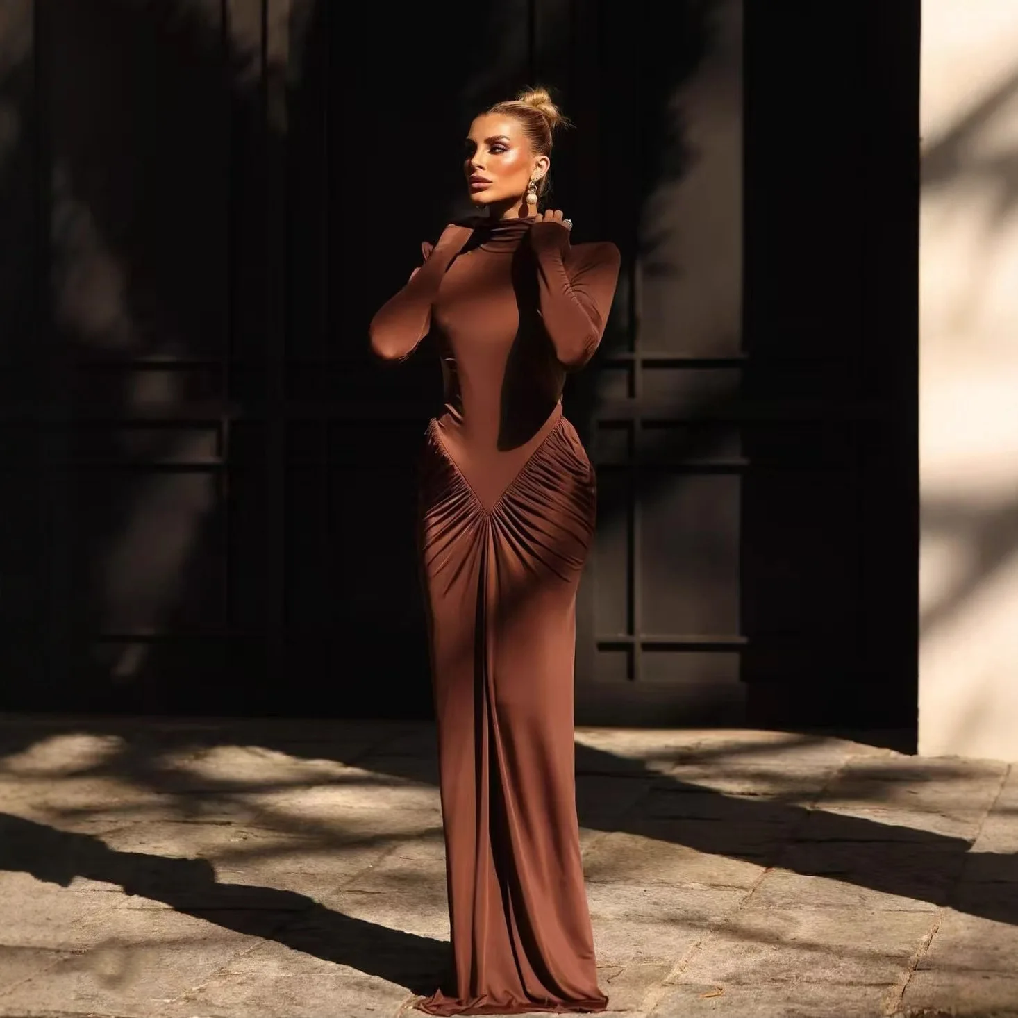 High Neck Wide Shoulder Mesh Backless Ruffle Waist Long Dress, Dresses Spring Summer Evening Matching Set