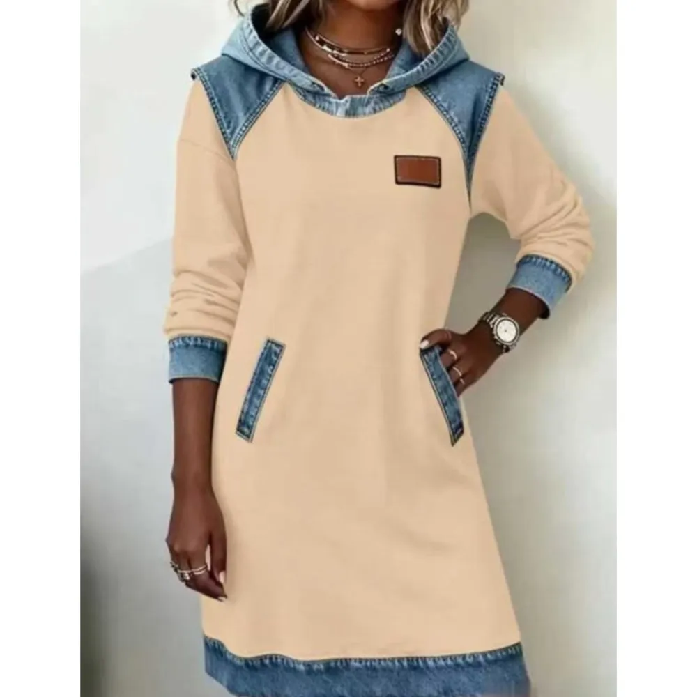 خريف شتاء جديد الدنيم الربط المرأة فساتين طويلة الأكمام الرجعية موضة جيب الإناث هوديي فستان الدنيم 2025