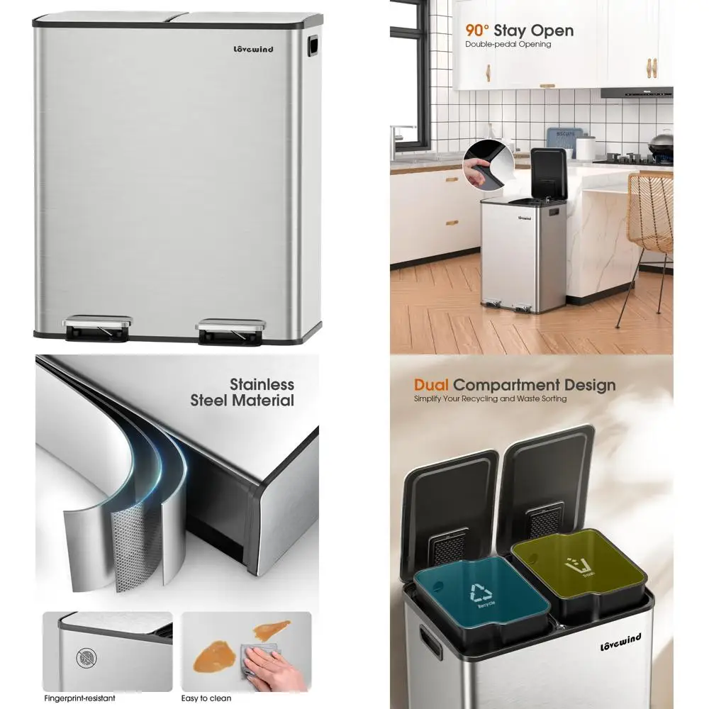 سلة المهملات المزدوجة وصناديق إعادة التدوير للمطبخ، 2 × 8 جالون (2 × 30 لتر) سلة قمامة المطبخ المصنوعة من الفولاذ المقاوم للصدأ مع إغلاق ناعم #1