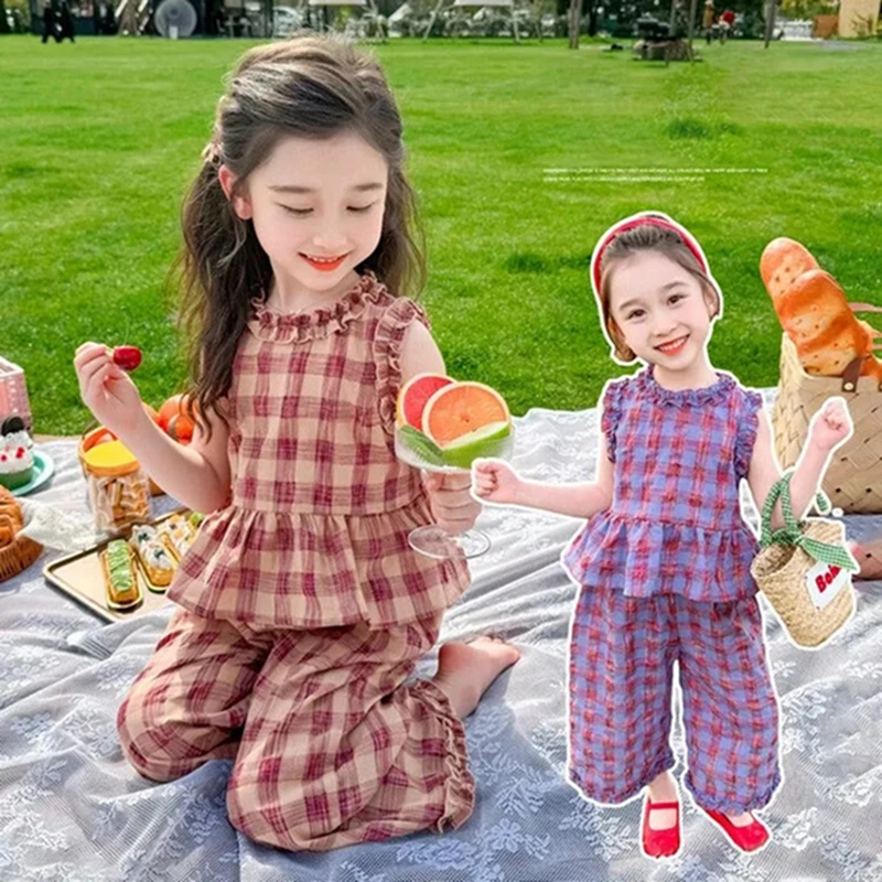 

Toddler Girl Boutique Clothes Summer 2Pcs Set Plaids Sleeveless Tops +7 point wide leg pants Kids Baby Girl Clothes 2 to 10Y