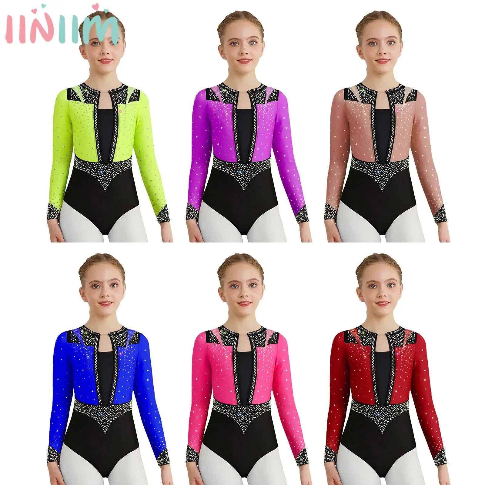 Children Girls Long Sleeve Shiny Rhinestones Figure Skating Leotard Ballet Dance Gymnastics Acrobatics Performance Bodysuit