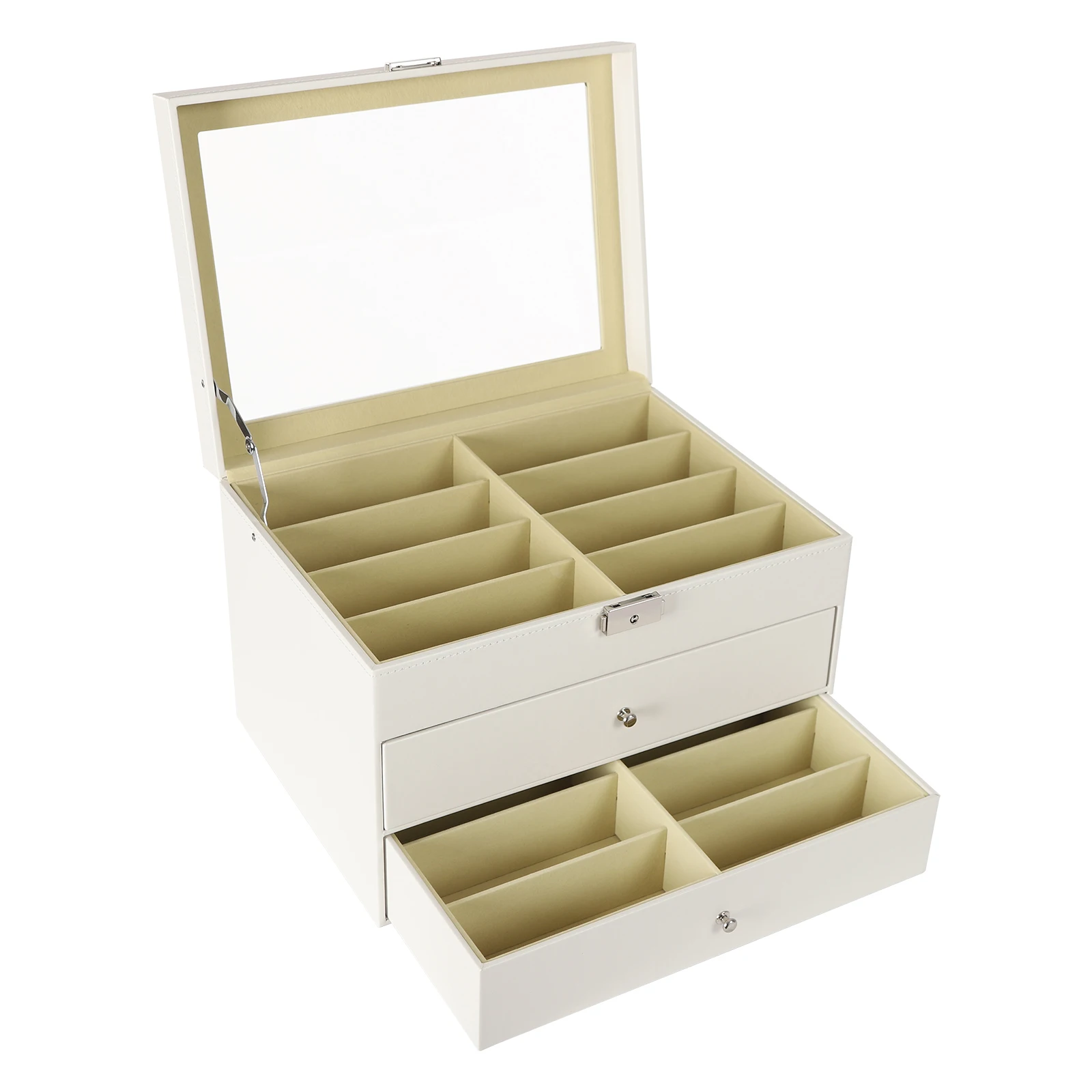 24-مقصورة عرض النظارات مادة PU 3-Tier تصميم 34*25*19 سنتيمتر حجم لوحة زجاجية صندوق تخزين النظارات المهنية